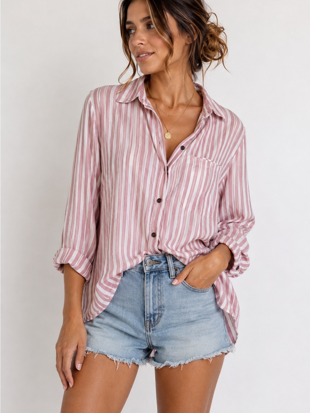 JACHS Girlfriend Pink White Striped Button Up Shirt Large Oversized Rayon